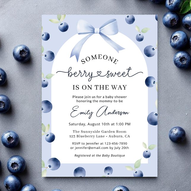 Blueberry Berry Sweet Croquette Bow Baby Shower Invitation (Creator Uploaded)