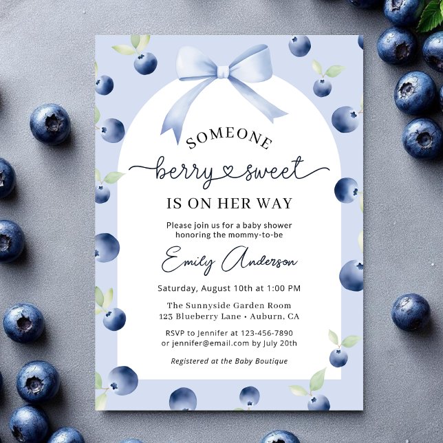 Blueberry Berry Sweet Girl Bow Baby Shower Invitation (Creator Uploaded)