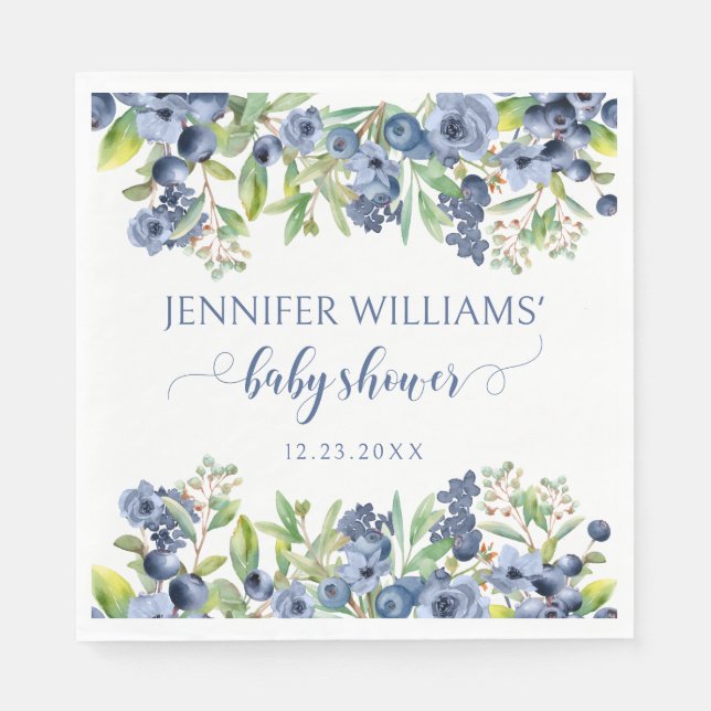 Blueberry blue flowers baby shower paper napkins (Front)