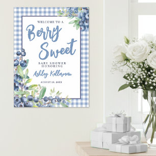 Blueberry Blue Gingham Berry Sweet Baby Shower Poster