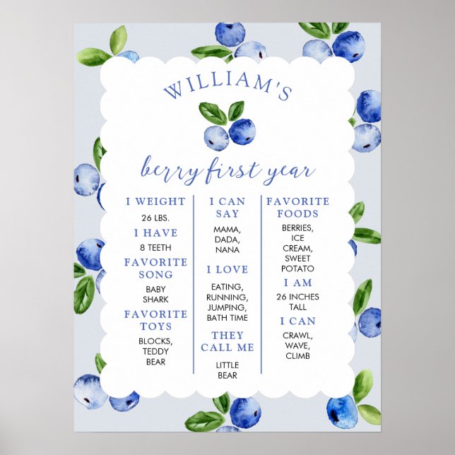 Blueberry Boy 1st Year Milestone Poster (Front)