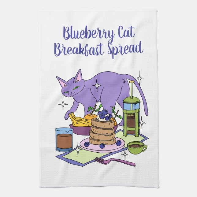 Blueberry Cat Breakfast Spread Illustration Tea Towel (Vertical)