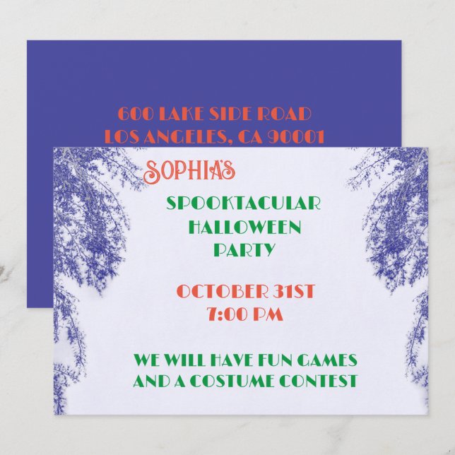 Blueberry Colour  Tree Elegant Gothic Halloween  Invitation (Front/Back)