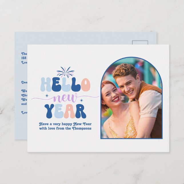 Blueberry Cream New Year Retro Modern Blue Photo Holiday Postcard (Front/Back)