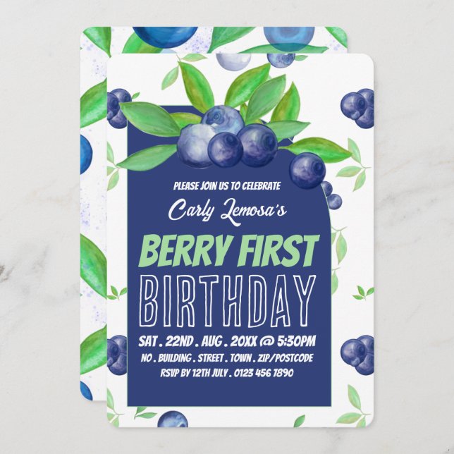 Blueberry Design, Berry First Birthday Invitation (Front/Back)