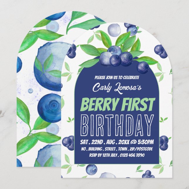 Blueberry Design, Berry First Birthday Invitation (Front/Back)