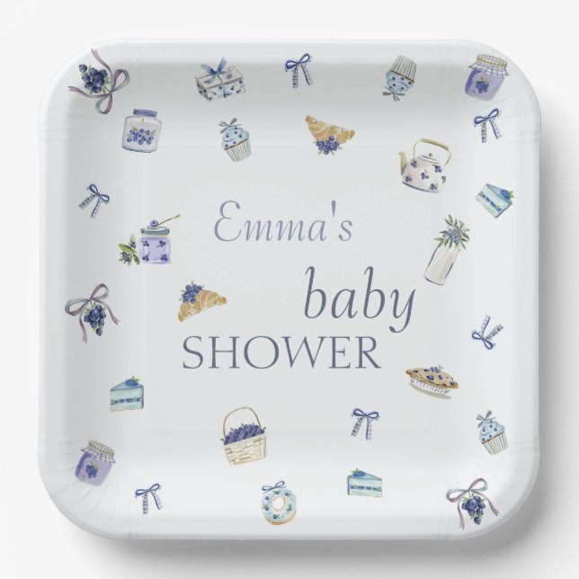 Blueberry Dessert Baby Shower Watercolor  Paper Plate (Front)