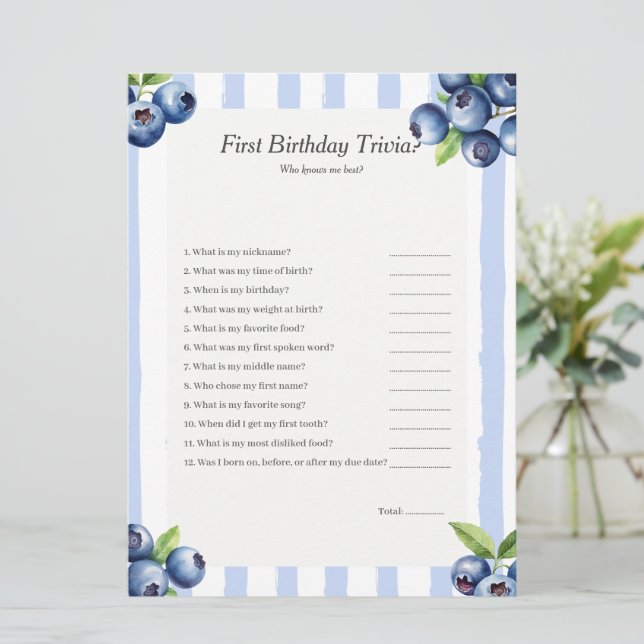 Blueberry First Birthday Trivia game card (Standing Front)