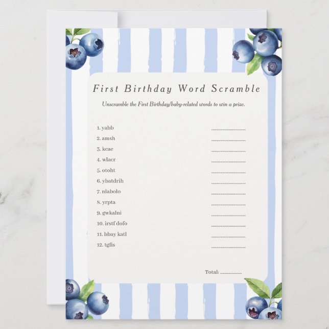 Blueberry First Birthday Word Scramble Game card (Front)