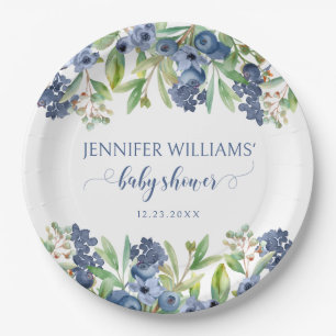Blueberry floral baby boy shower paper plates