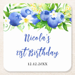 Blueberry Floral Birthday Square Paper Coaster