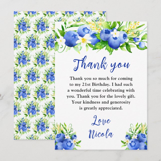 Blueberry Floral Birthday Thank You Card (Front/Back)