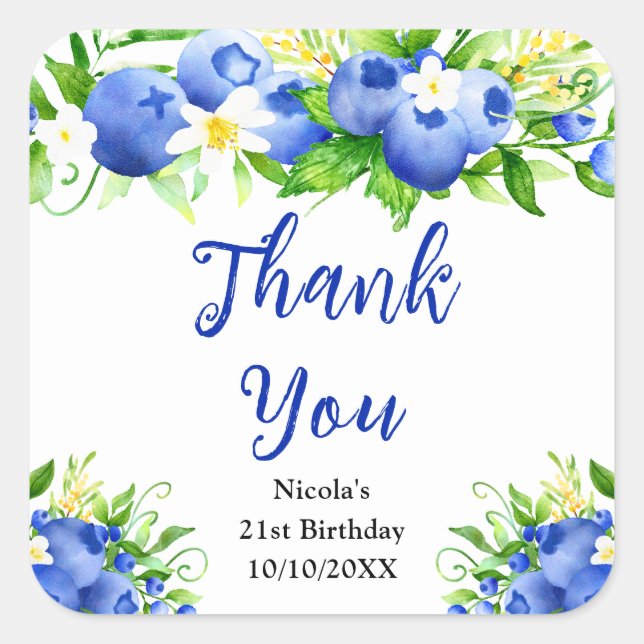 Blueberry Floral Birthday Thank You Square Sticker (Front)