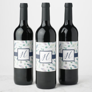 Blueberry Floral Monogram Wine Bottle Label