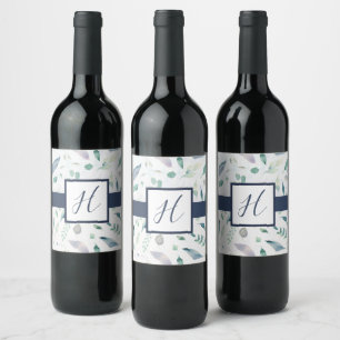 Blueberry Floral Monogram Wine Bottle Wine Label