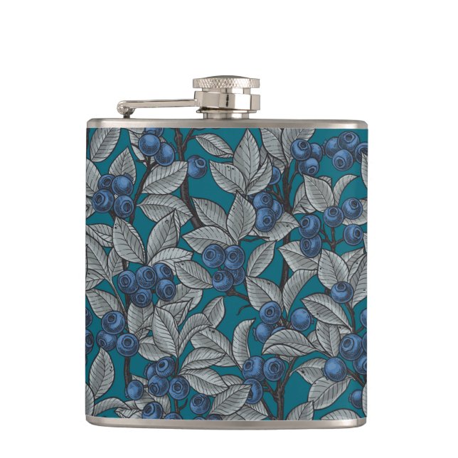 Blueberry garden, blue and grey hip flask (Front)