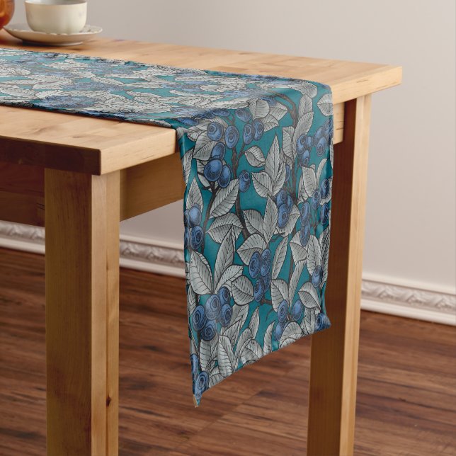 Blueberry garden, blue and grey short table runner (In Situ)