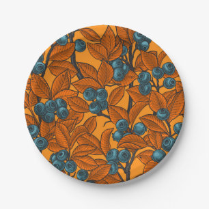 Blueberry garden, blue and orange paper plate