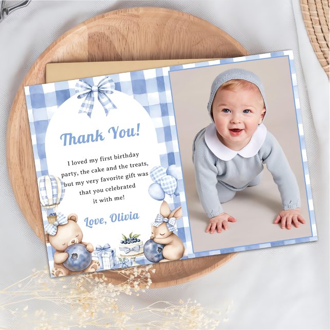 Blueberry Gingham Birthday Party Thank You Card (Creator Uploaded)