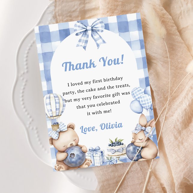 Blueberry Gingham Birthday Party Thank You Card (Creator Uploaded)