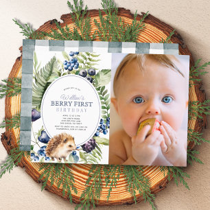 Blueberry Hedgehog Berry First 1st Birthday Photo Invitation