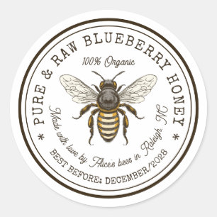 Blueberry honey canning sticker with vintage bee