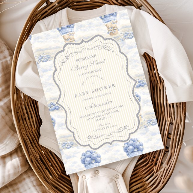 Blueberry Hot Air Balloon Toile Baby Shower Invitation (Creator Uploaded)