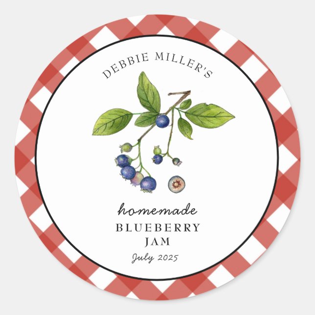 Blueberry Jam Gingham Jam. Jar  Classic Round Sticker (Front)
