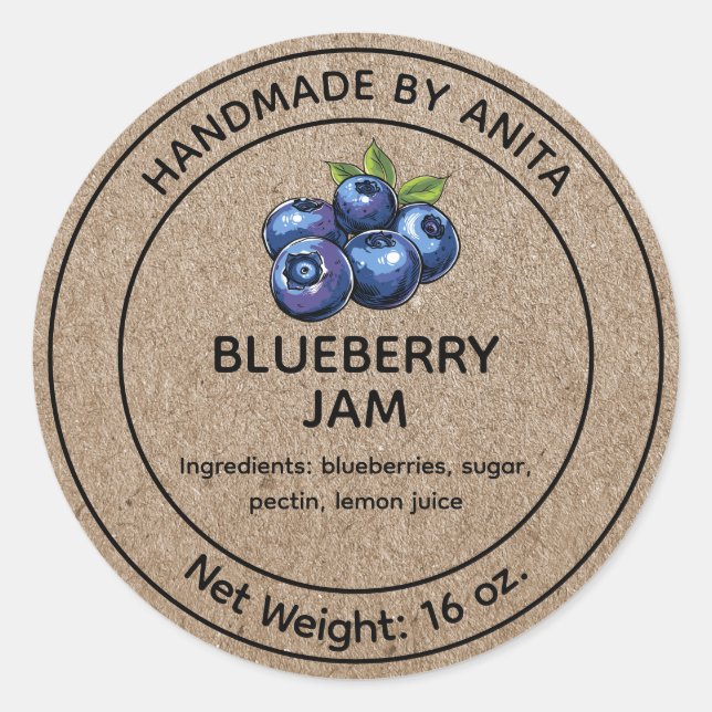 Blueberry Jam Jelly Jar Label Kraft Paper Style (Front)