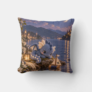 Blueberry Knit Dragon Moonlit Lake Sailboat Cushion