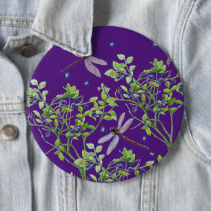 Blueberry pattern with dragonflies 6 cm round badge