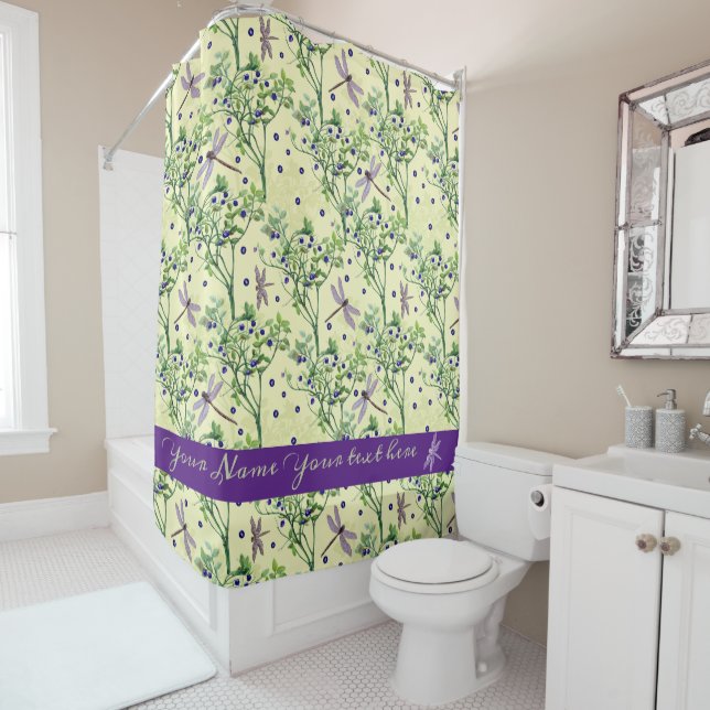 Blueberry pattern with dragonflies shower curtain (In Situ)
