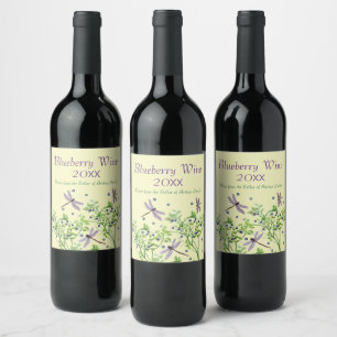 Blueberry pattern with dragonflies wine label