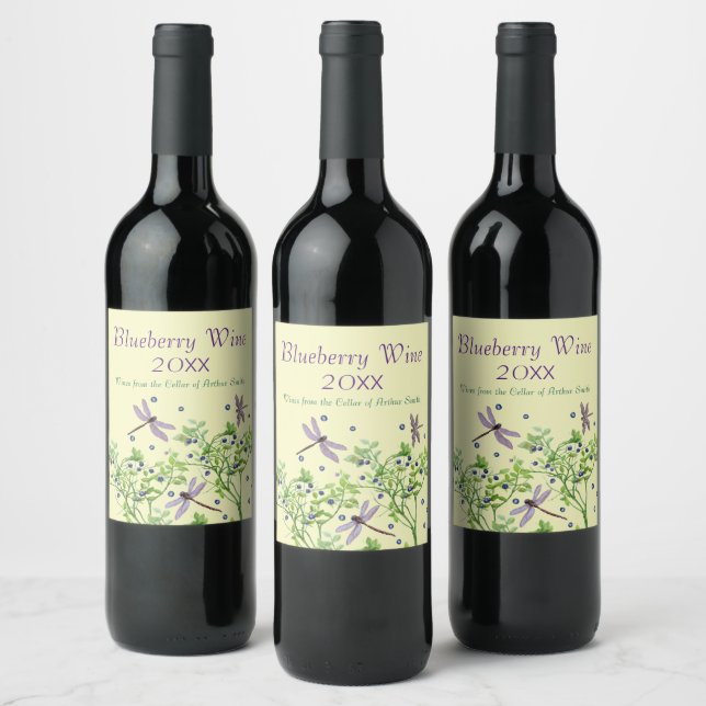 Blueberry pattern with dragonflies wine label (Bottles)