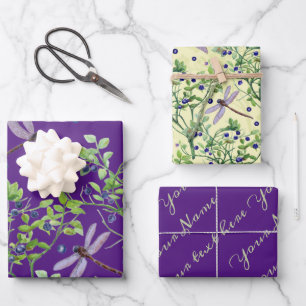 Blueberry pattern with dragonflies wrapping paper sheet
