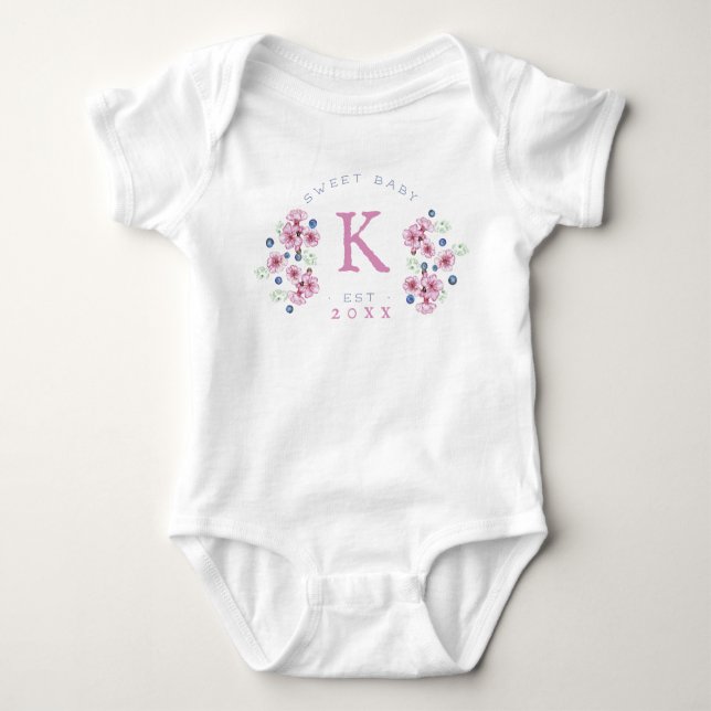 Blueberry Pink Blossoms Monogram Baby Bodysuit (Front)