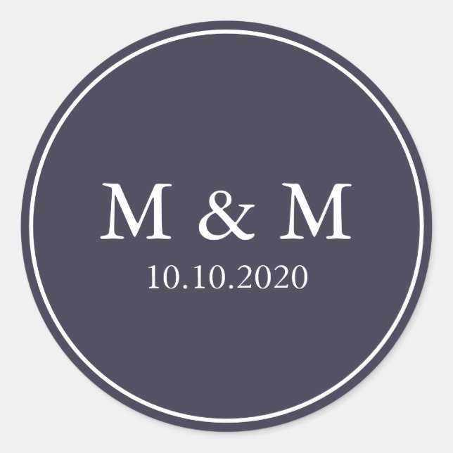 Blueberry Purple | Wedding Classic Monogram Round Sticker (Front)
