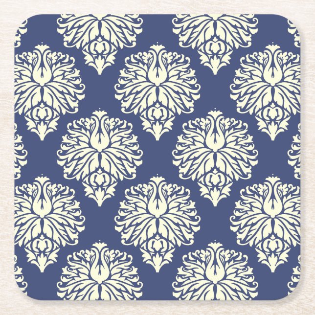 Blueberry Southern Cottage Damask Square Paper Coaster (Front)