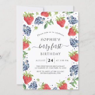 Blueberry Strawberry Sweet Berry First Birthday Invitation
