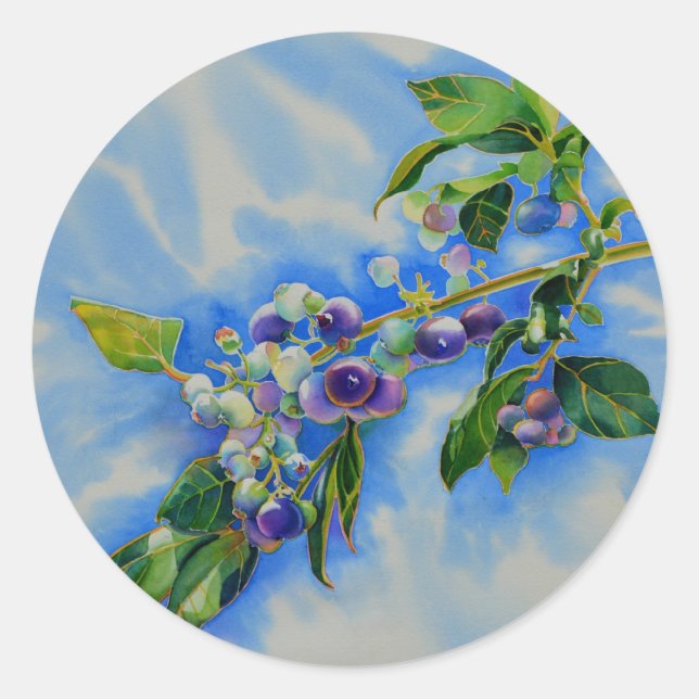 Blueberry watercolor painting classic round sticker (Front)