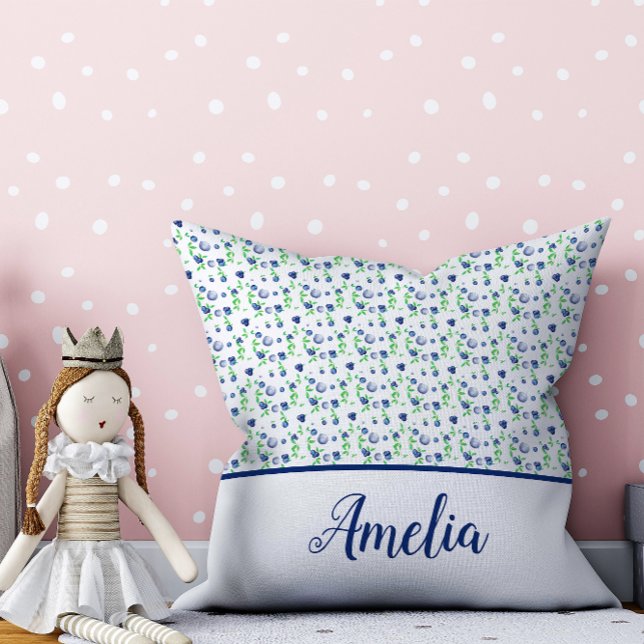 Blueberry watercolor pattern cute name white cushion (Creator Uploaded)