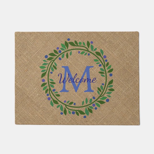 Blueberry Wreath and Burlap Monogram Doormat (Front)