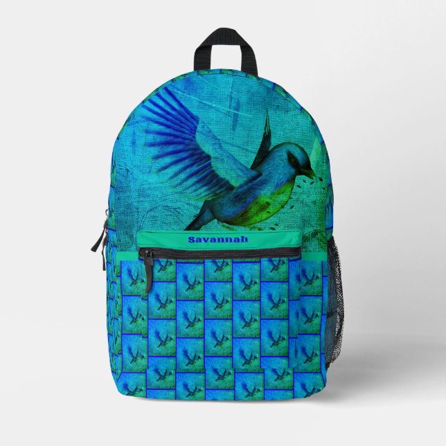 Bluebird Abstract Animal Art Personalised Printed Backpack (Front)