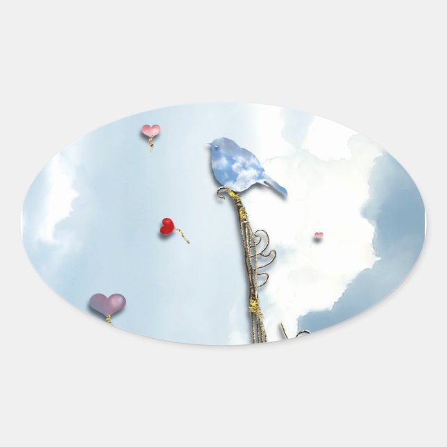 Bluebird and Hearts Oval Sticker (Front)