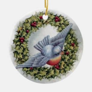 Bluebird and Holly Wreath Vintage Christmas Ceramic Tree Decoration