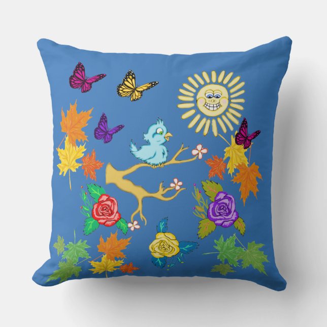 Bluebird and Sunshine Springtime Square Pillow (Front)