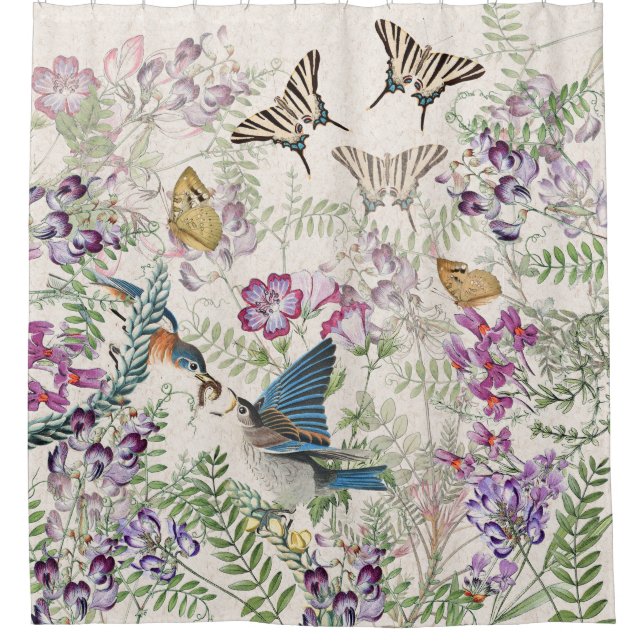 Bluebird Birds Butterfly Flowers Shower Curtain (Front)