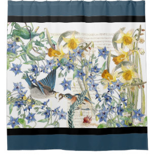 Bluebird Birds Narcissus Floral Shower Curtain