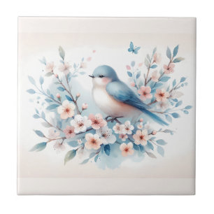 Bluebird Blossom Watercolor Serenity Ceramic Tile