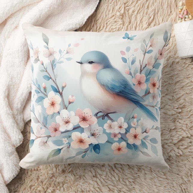 Bluebird Blossom Watercolor Serenity Cushion (Blanket)